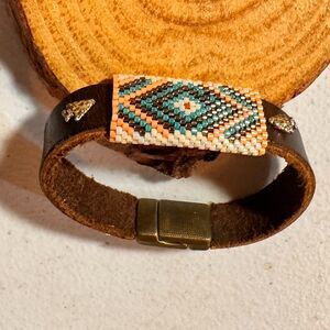 Beaded Leather Wristband Fall Colored Southwest Bracelet Cuff with Southwest